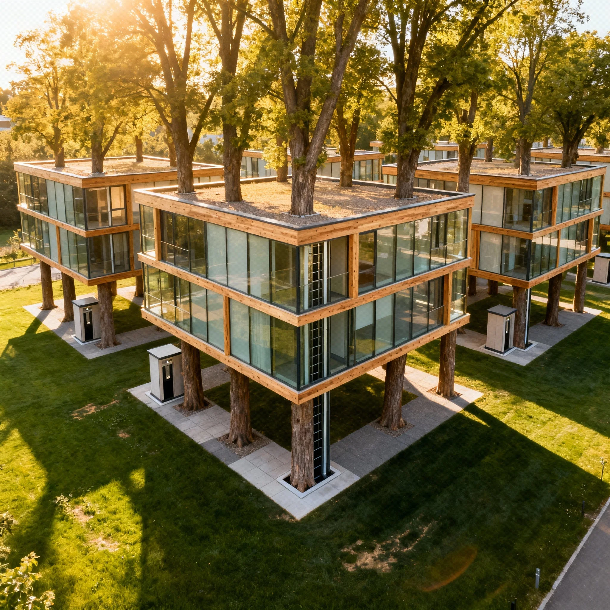 Elevated glass and timber building volumes arranged around mature trees