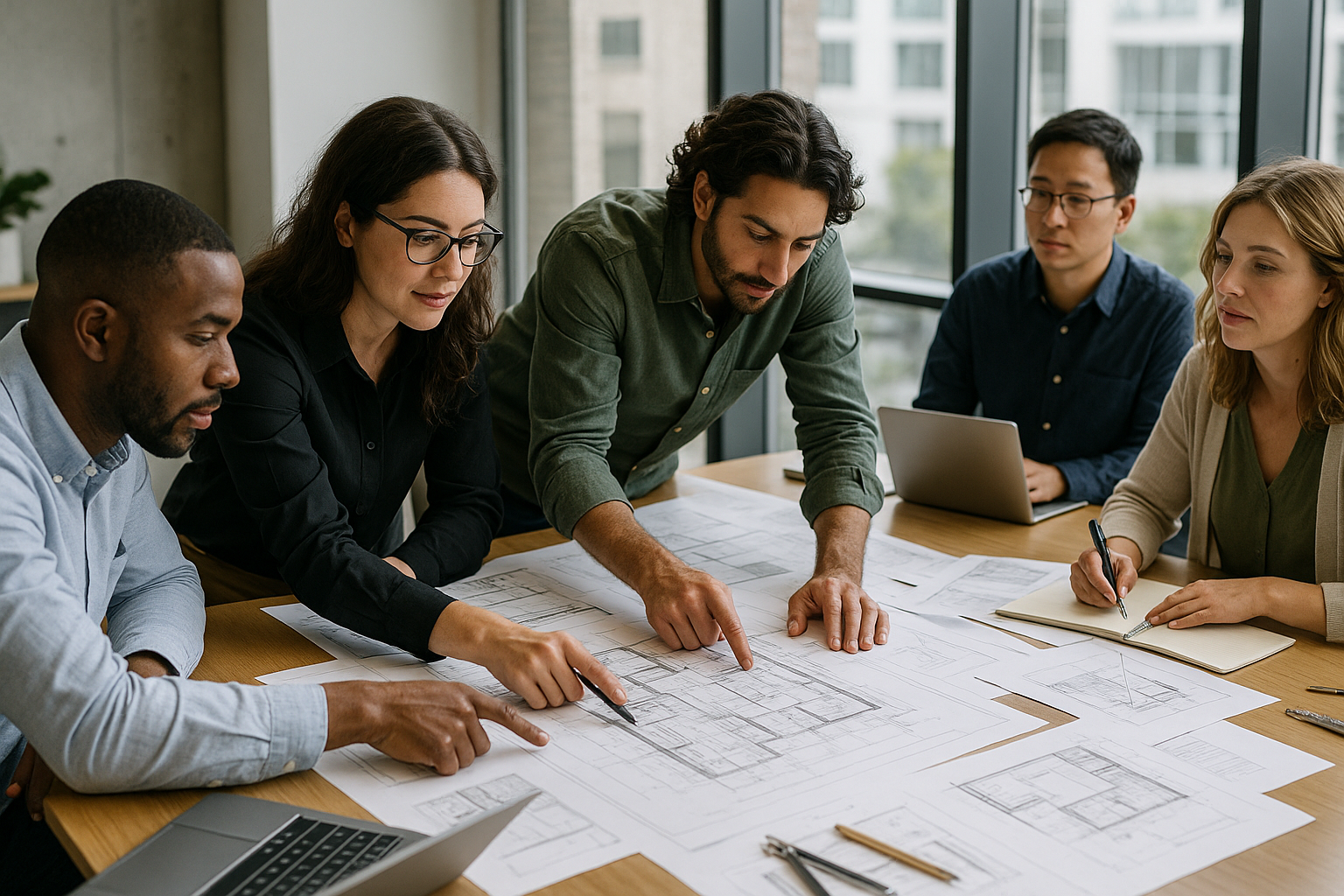 A team of designers and architects on one table, real life photography