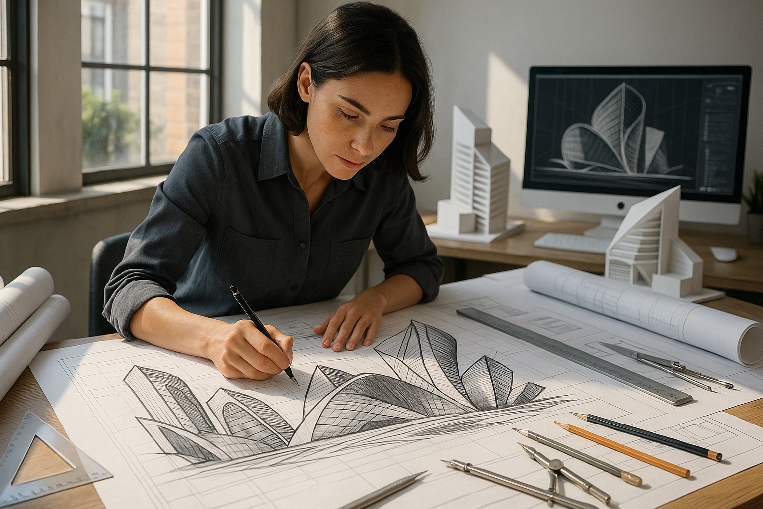 A woman drawing bold architectural structures and doing design