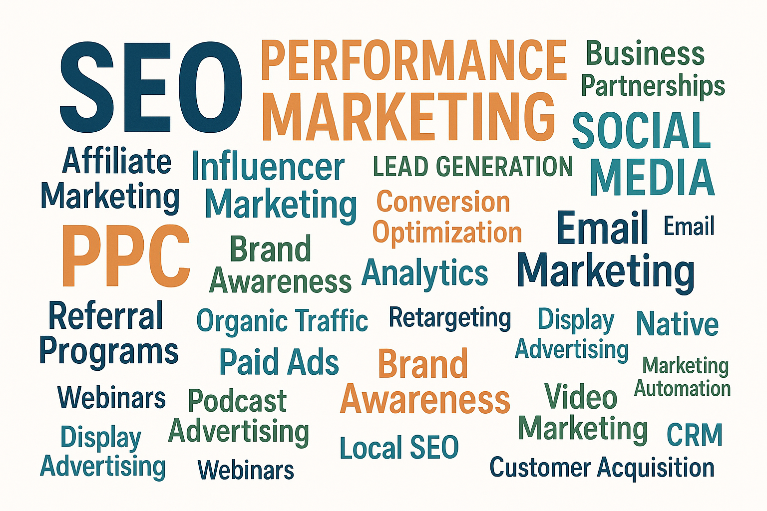 Create a word cloud of all marketing chanels like SEO, performance marketing, business partnerships