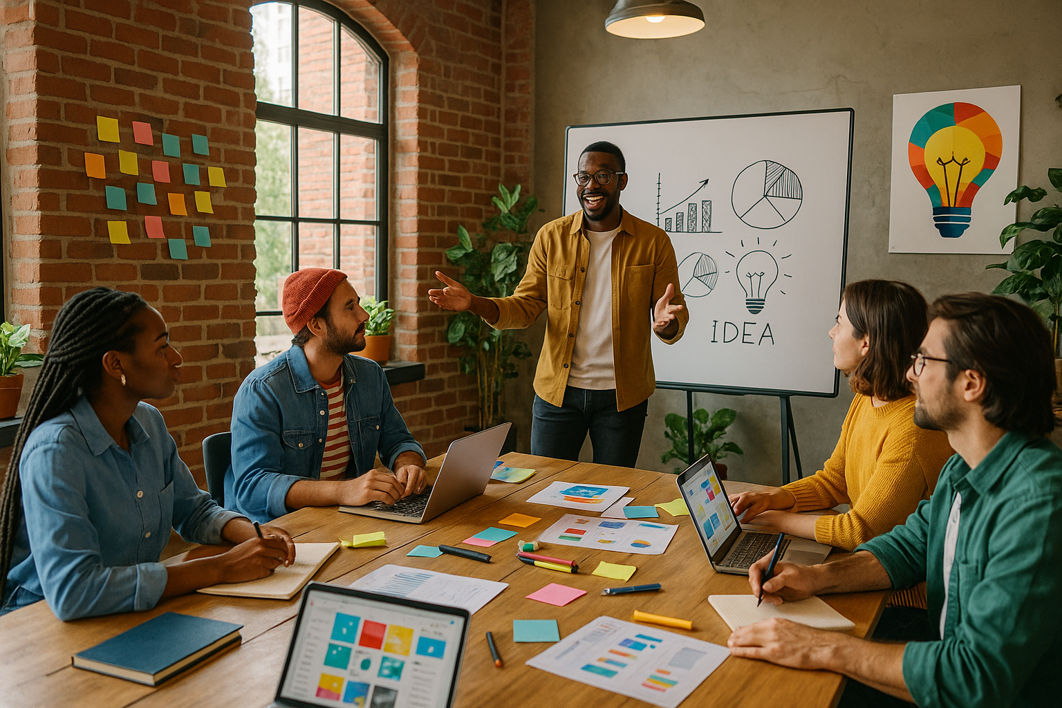 Dipict a leader presenting to a team of creatives in a startup