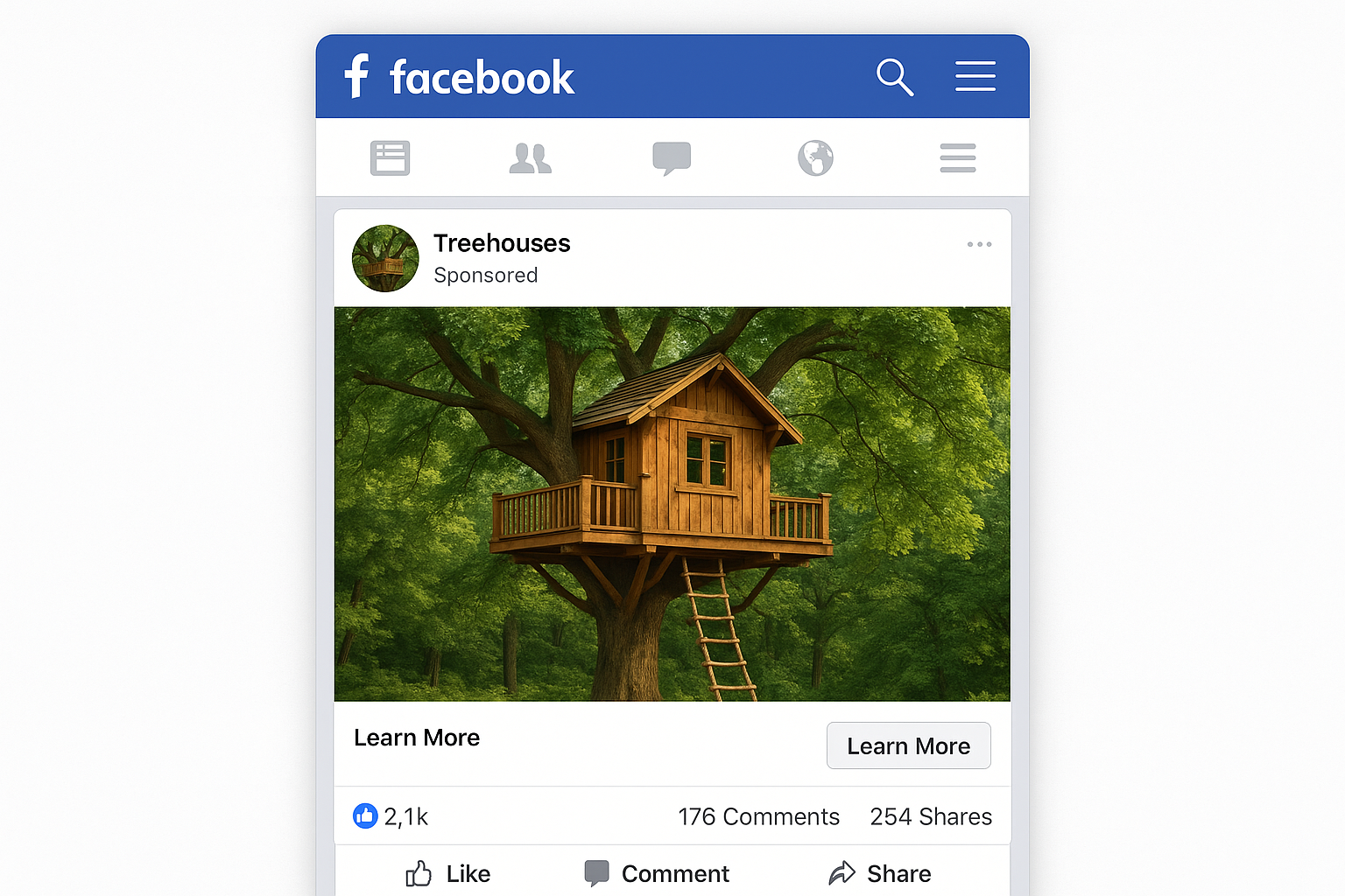 Shod the interface and UI of an facebook advertisment for a tree house