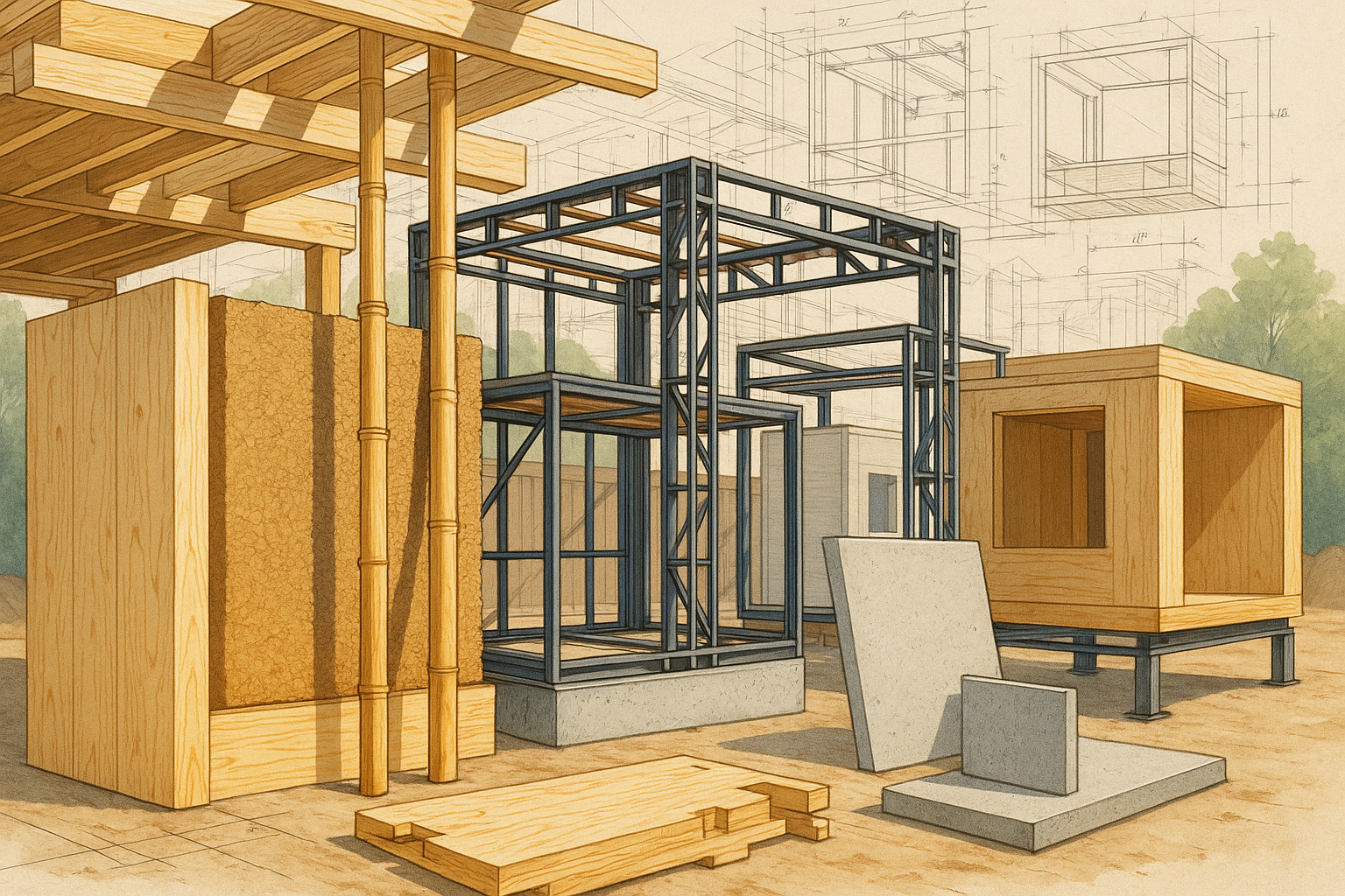 sustainable building materials, like wood and others, modularity, and lightweight structures.